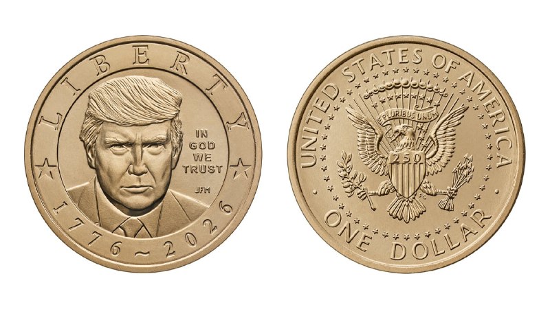 Золотая монета номиналом 1 доллар с изображением президента Трампа, выпущенная Монетным двором США к 250-летию независимости
