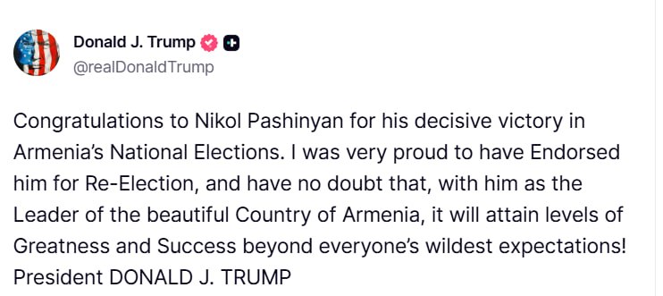 Трамп поздравил Пашиняна с победой на выборах в Армении: реакция из Арабкира