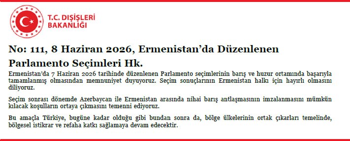 МИД Турции приветствовал парламентские выборы в Армении 7 июня 2026 года и выразил надежду на мирное соглашение с Азербайджаном